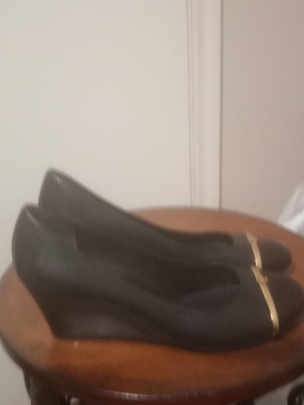 Tory Burch Black Leather Wedge Pumps with Gold Bar